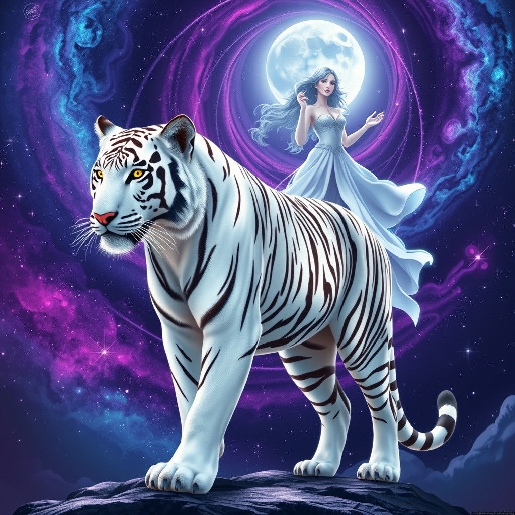 White tiger with selene in front of a cosmic background