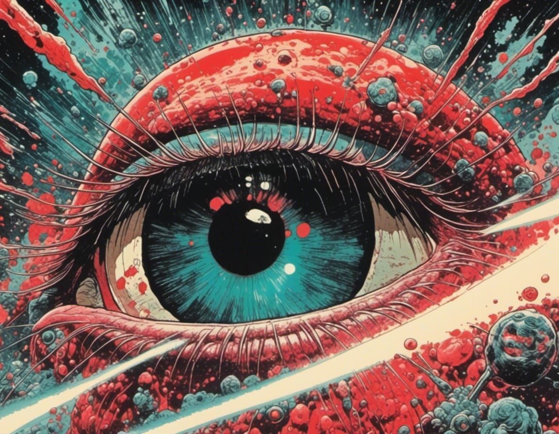 <lora:eye:1.0> 1970s movie poster Manga Ebirah miasma nasty ...