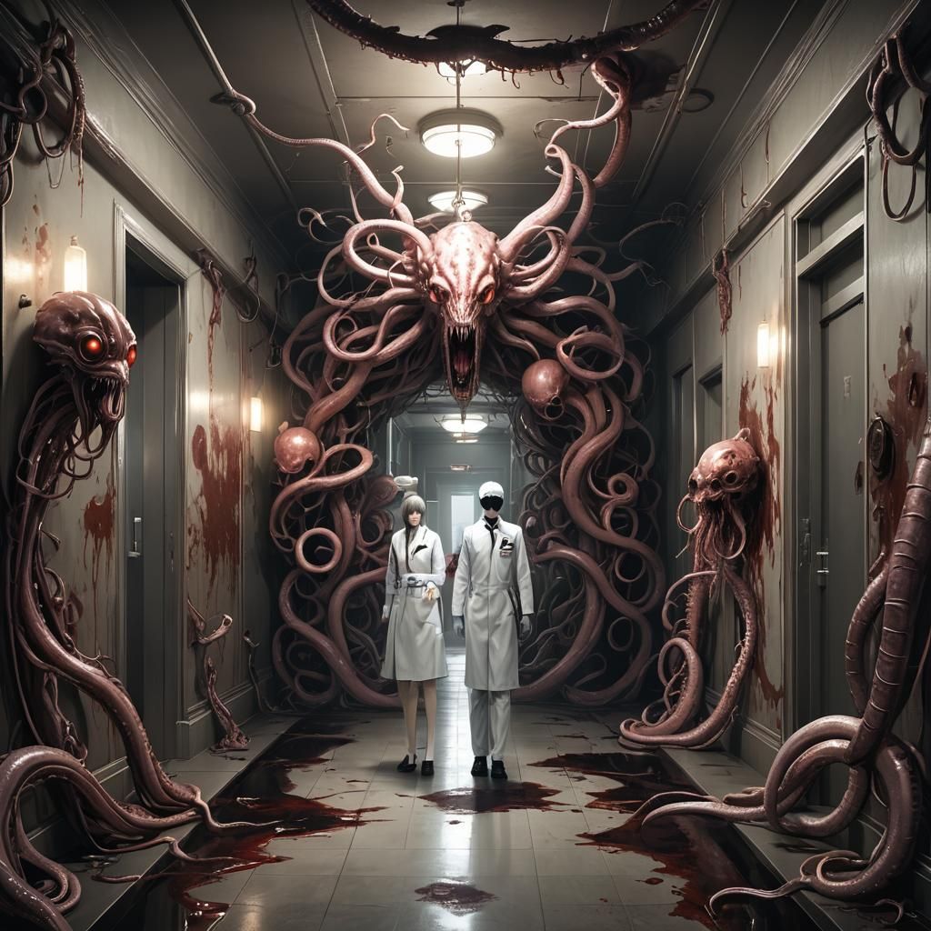 A mirror corridor full of creepy creatures from silent hill ...