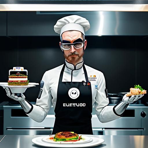 A robot chef holds a plate of spoiled food under a sensor. T...