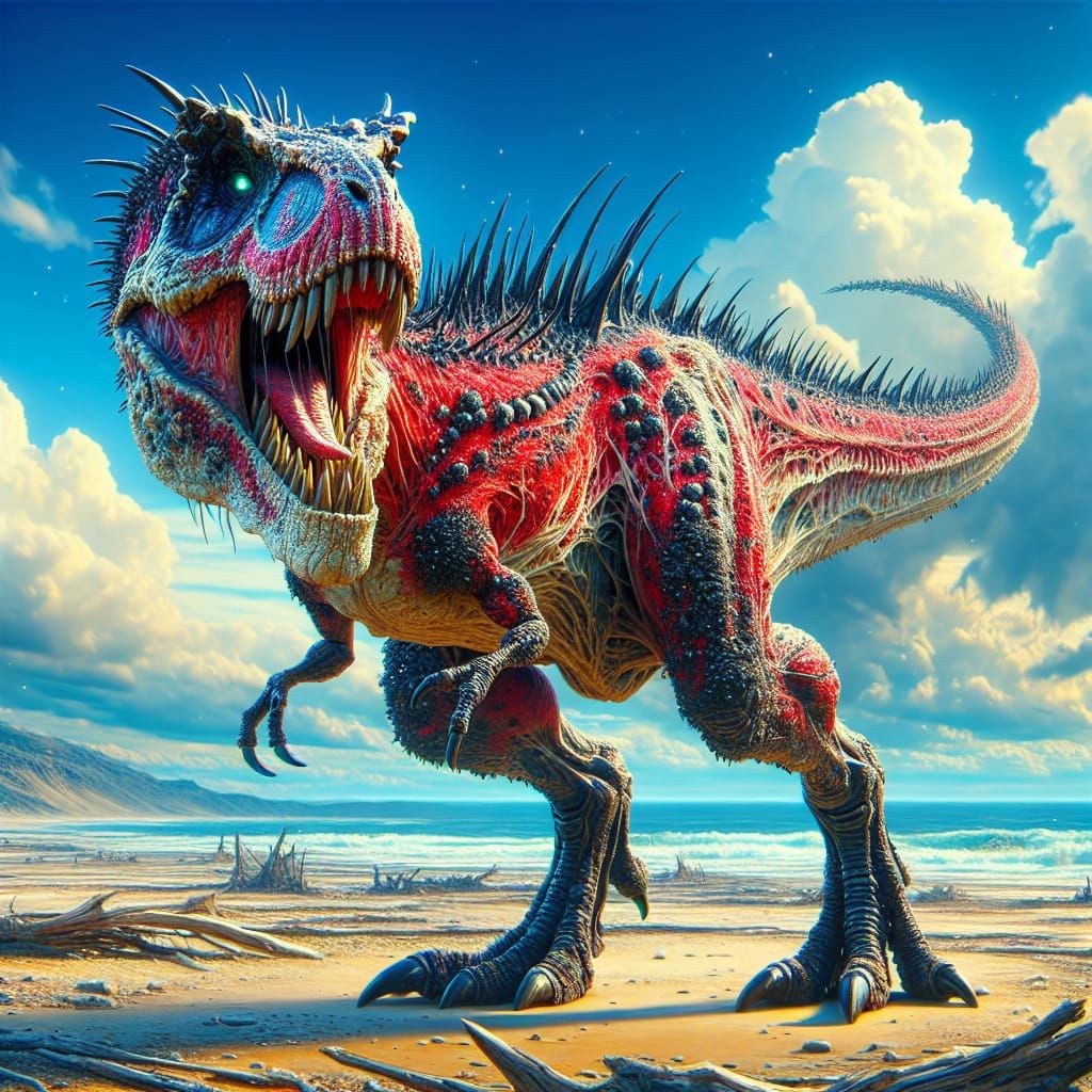 A ferocious, mutated tyrannosaurus rex in a natural, rocky environment with a bright sky. The T-Rex has a powerful, muscular frame with toug...