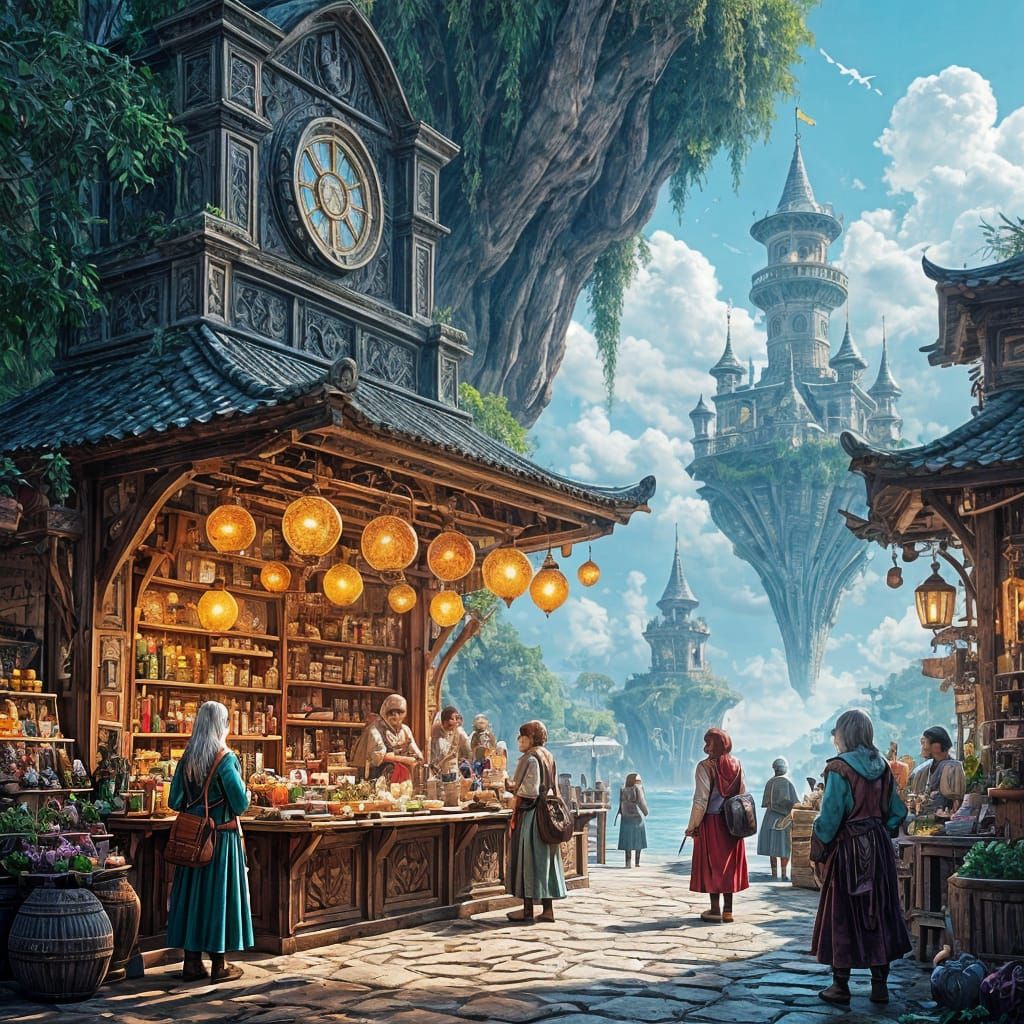 A bustling, fantastical marketplace set on a floating island, where merchants trade exotic goods and ...  by @Deborah Sutton