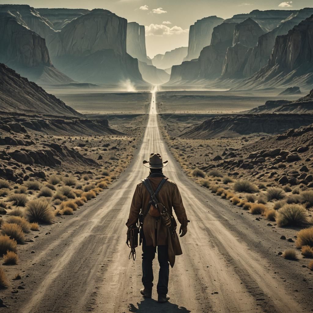 a cowboy walking down a nuclear road