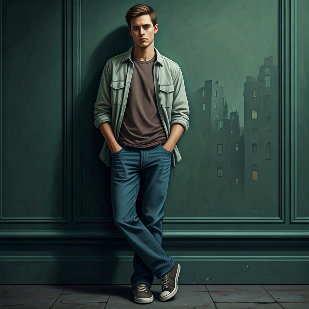 Bored Young Man in Urban Scene, Realistic Style