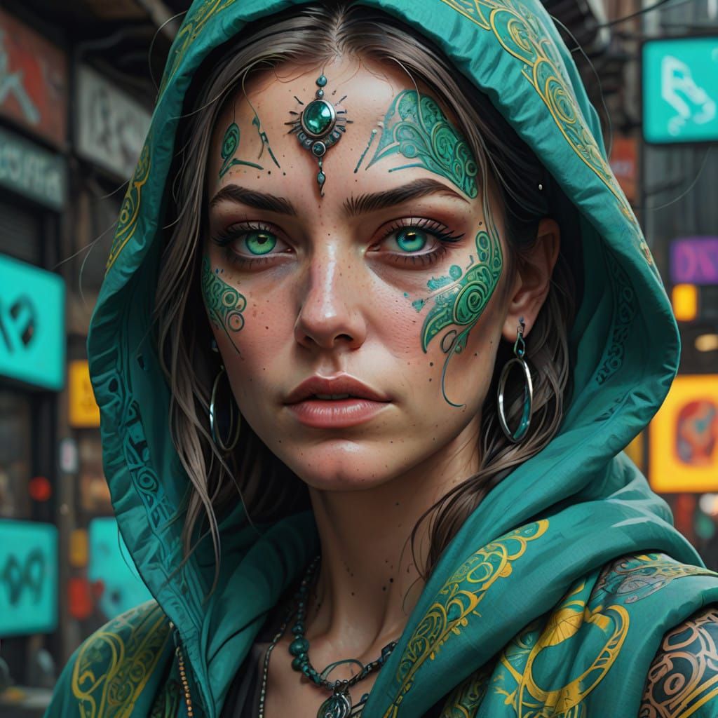 Photo 3d 8k uhd hyper detailed ultra realistic representation close-up of a woman's face wrapped in a patterned turquoise, emerald green clo...