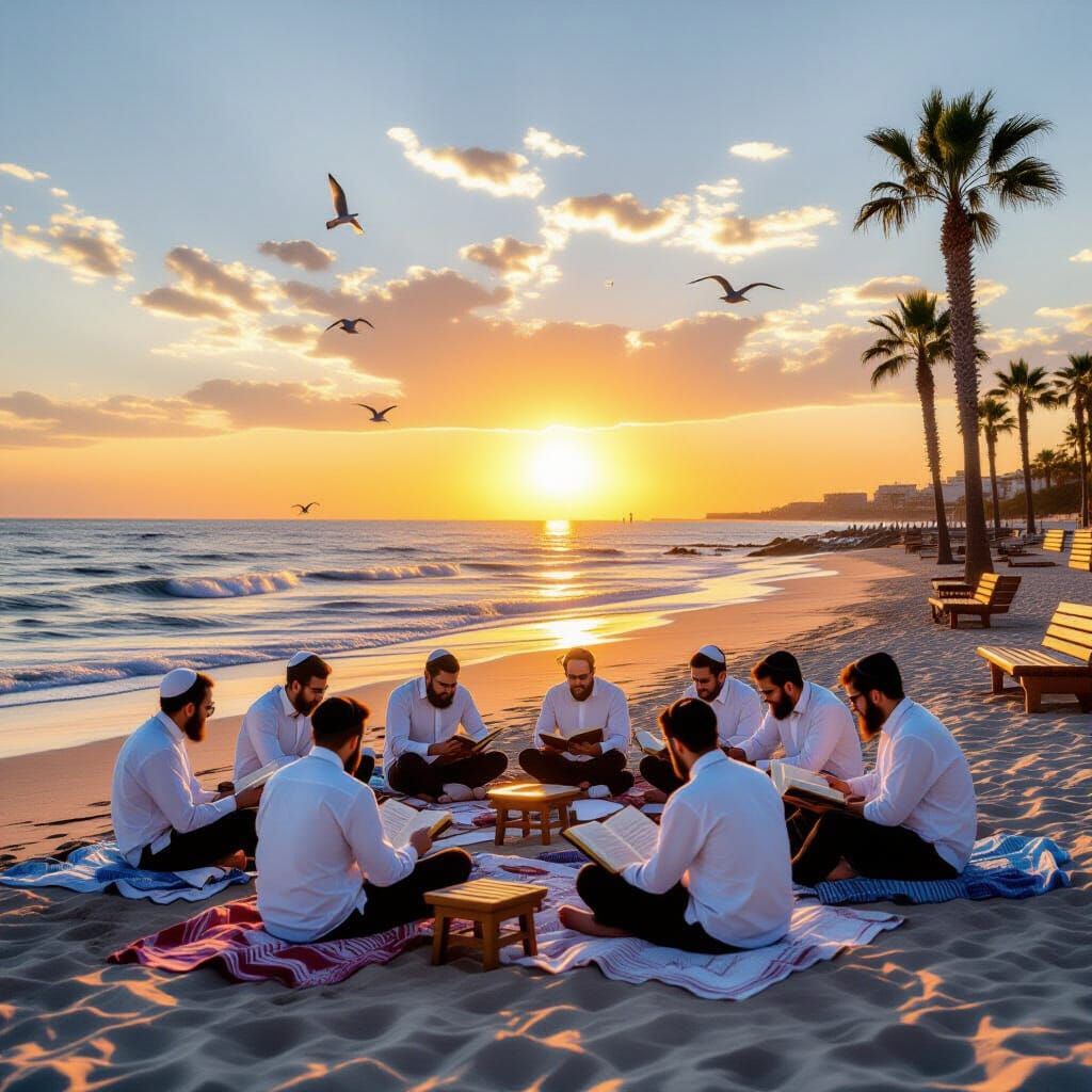 Sunset Talmud Study on a Serene Beach