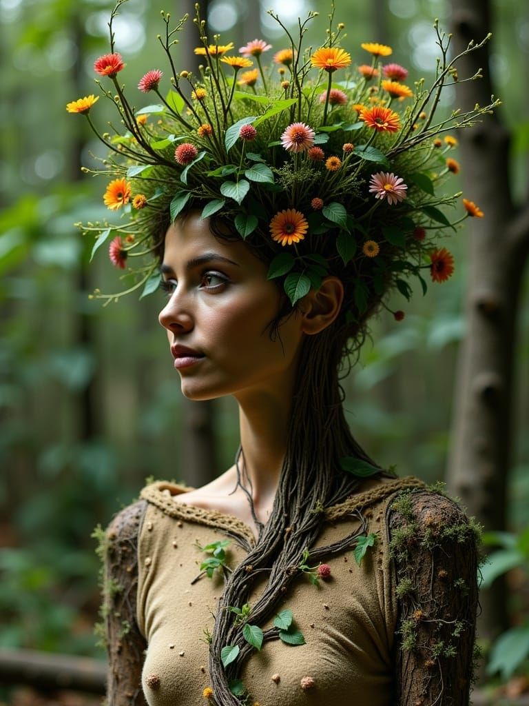 woman turning into anthropomorphic tree wearing a [Dandong:Band collar shirt:9] made out of Sand and nature, Ambient lighting, Gel lighting,...