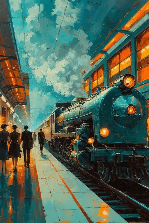 A retro-futuristic train station, reminiscent of 1960s trave...