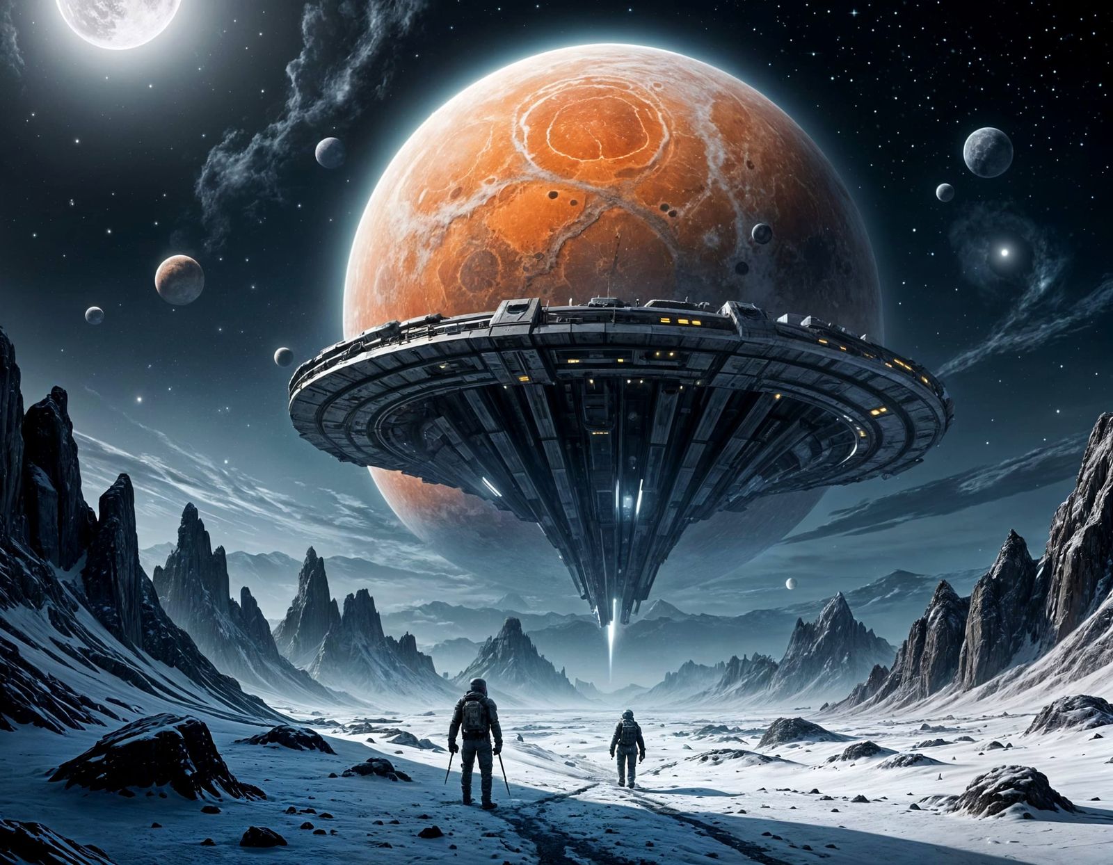 Explorers on a bleak, icy moon orbiting a gas giant  by @Francis H