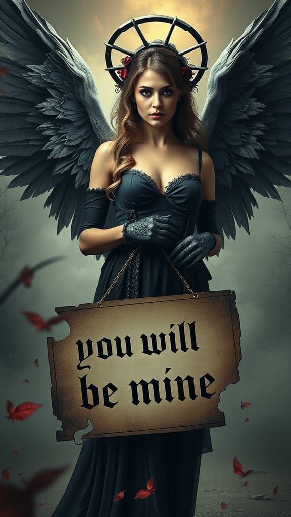beautiful gothic woman, fallen gothic angel, holding a sign with "you will be mine"written in gothic ...  by @Golem