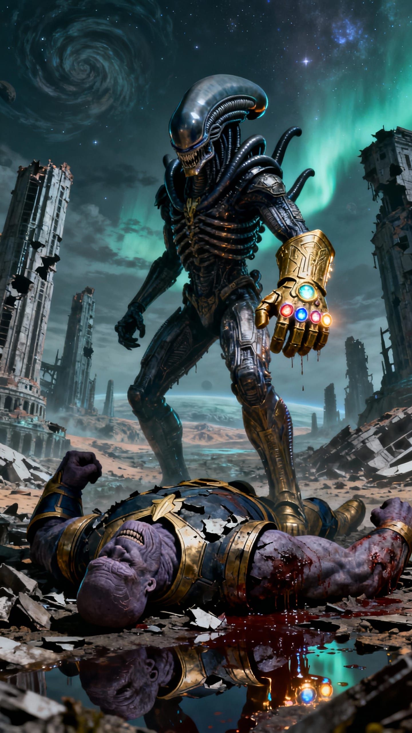 Xenomorph Victorious Over Thanos With Infinity Gauntlet
