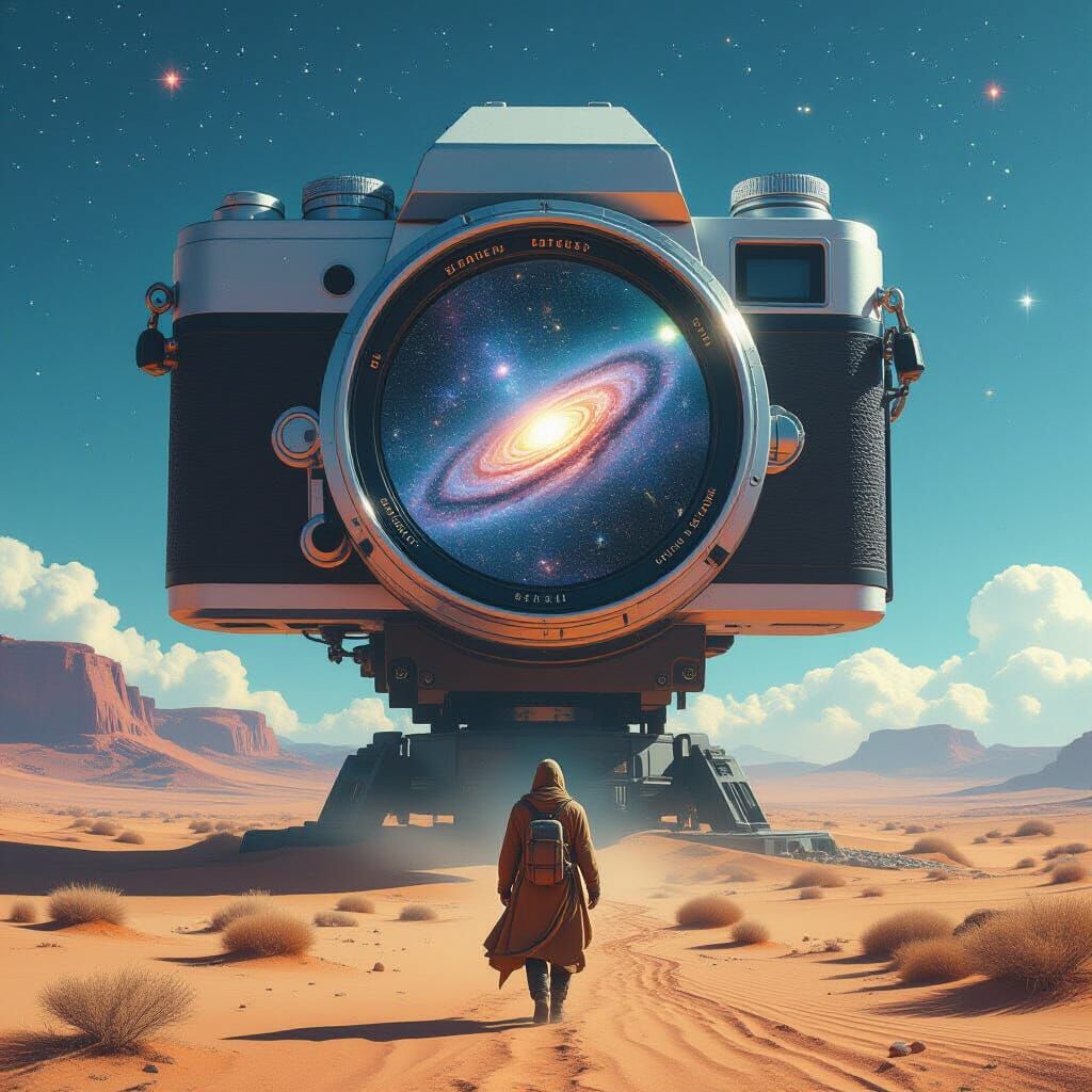 A surreal giant camera standing in the middle of a desert, its lens reflecting galaxies and stars, a lone traveler walking towards it, dream...