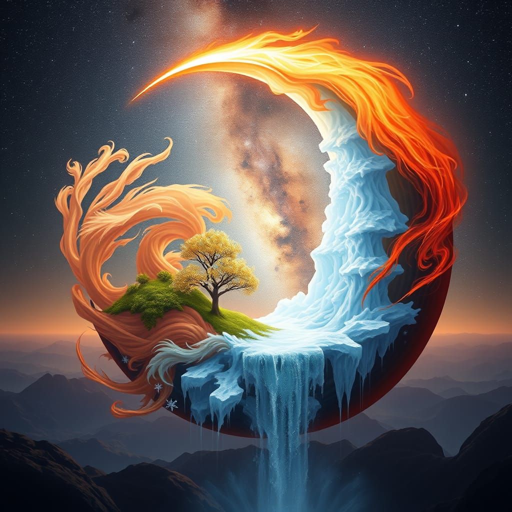 crescent moon composed of fire and ice  by @JuliaMarDi