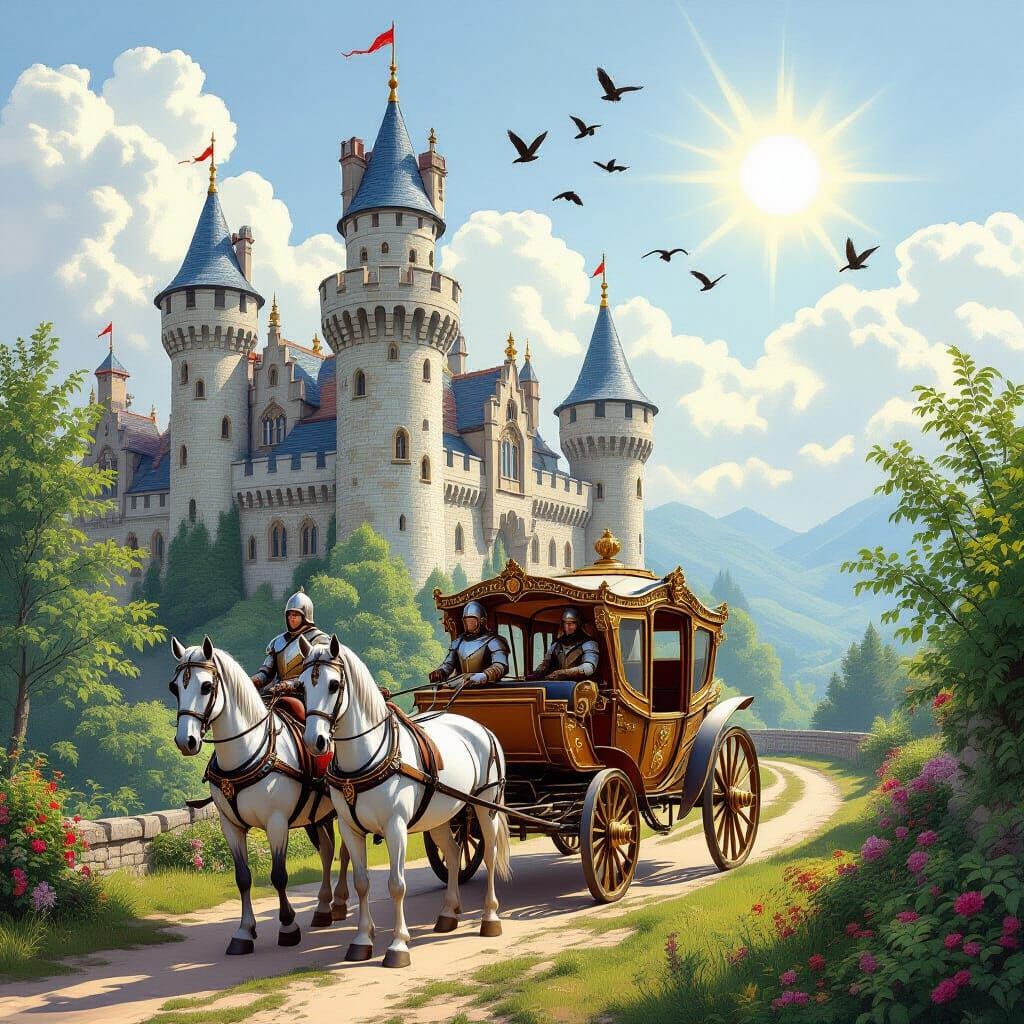Create an image of an ancient castle with tall turrets, surrounded by lush greenery and vegetation, and a path leading to the castle. Includ...