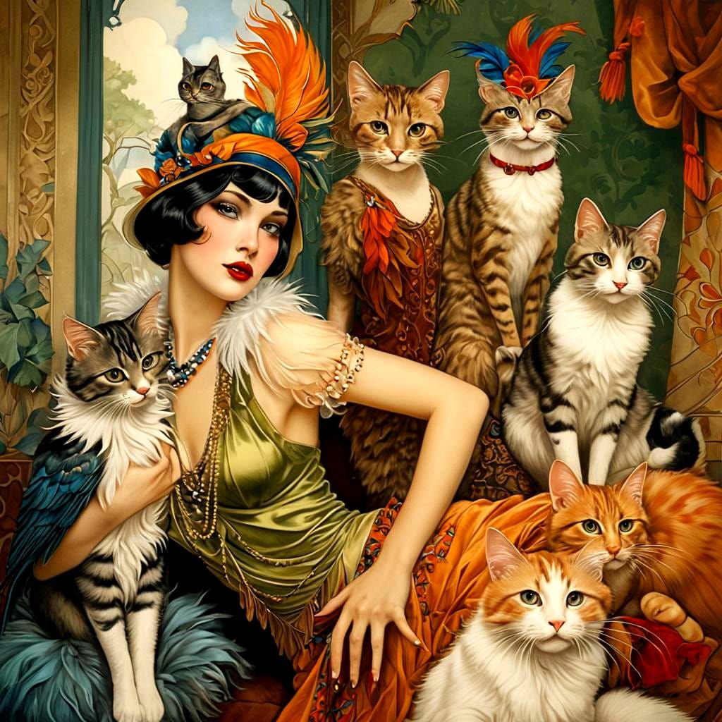 Sultry Flappers in Exotic Feathers and Fancy Hats, Rendered...