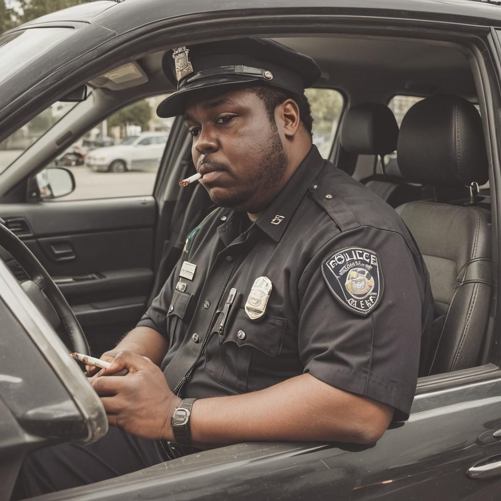 fat weed joint smoking police officer sitting in his police car. his ...