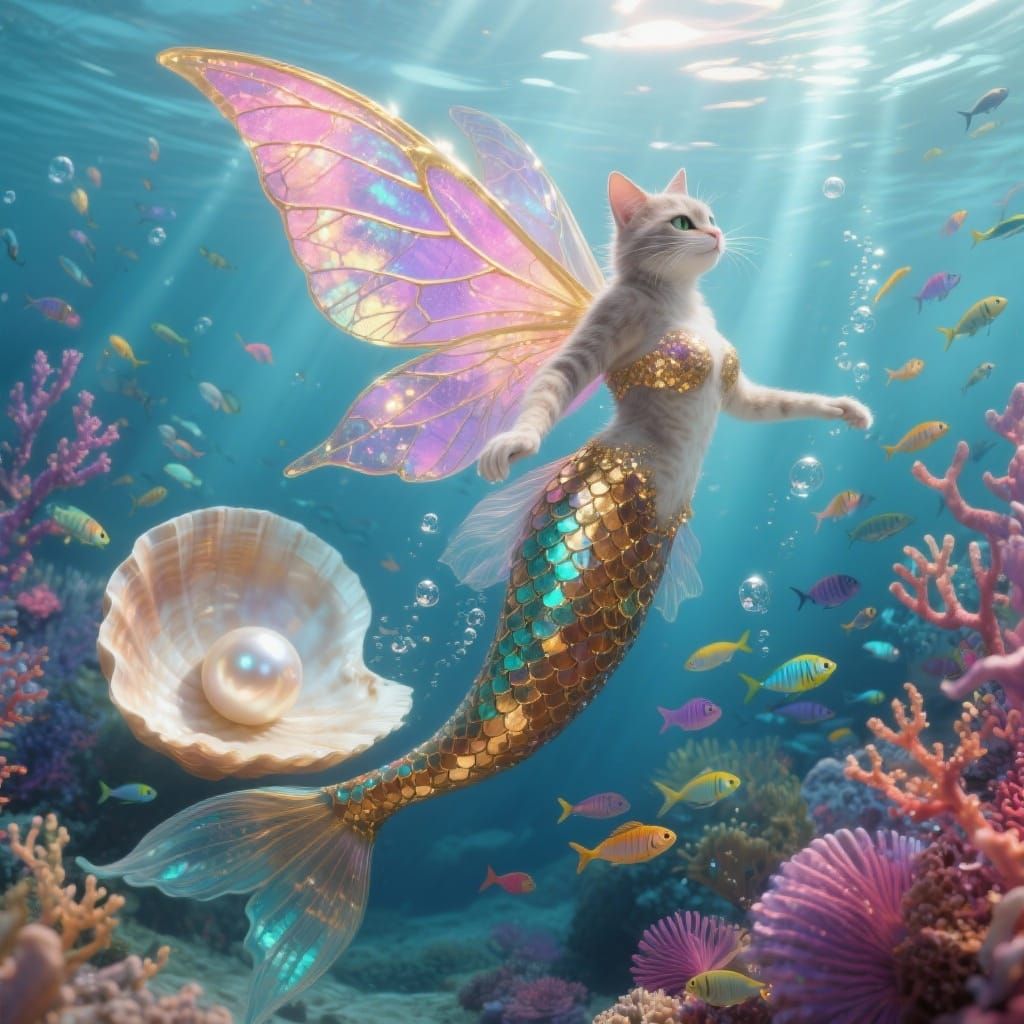 Change the color of the cat to a gray and black tabby cat with rainbow fur stripes. Make the tail color of vibrant purple. Put a couple smal...