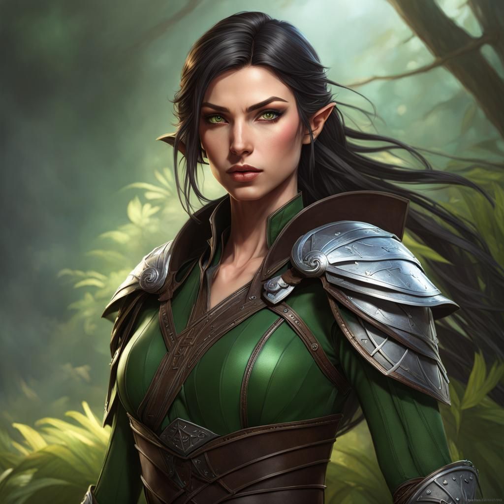 Green eyes fighter, assassin,dark hair braid, leather armor, portrait ...