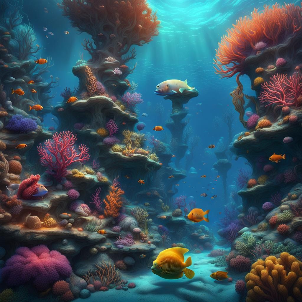 An image of a surreal underwater world, featuring strange se...