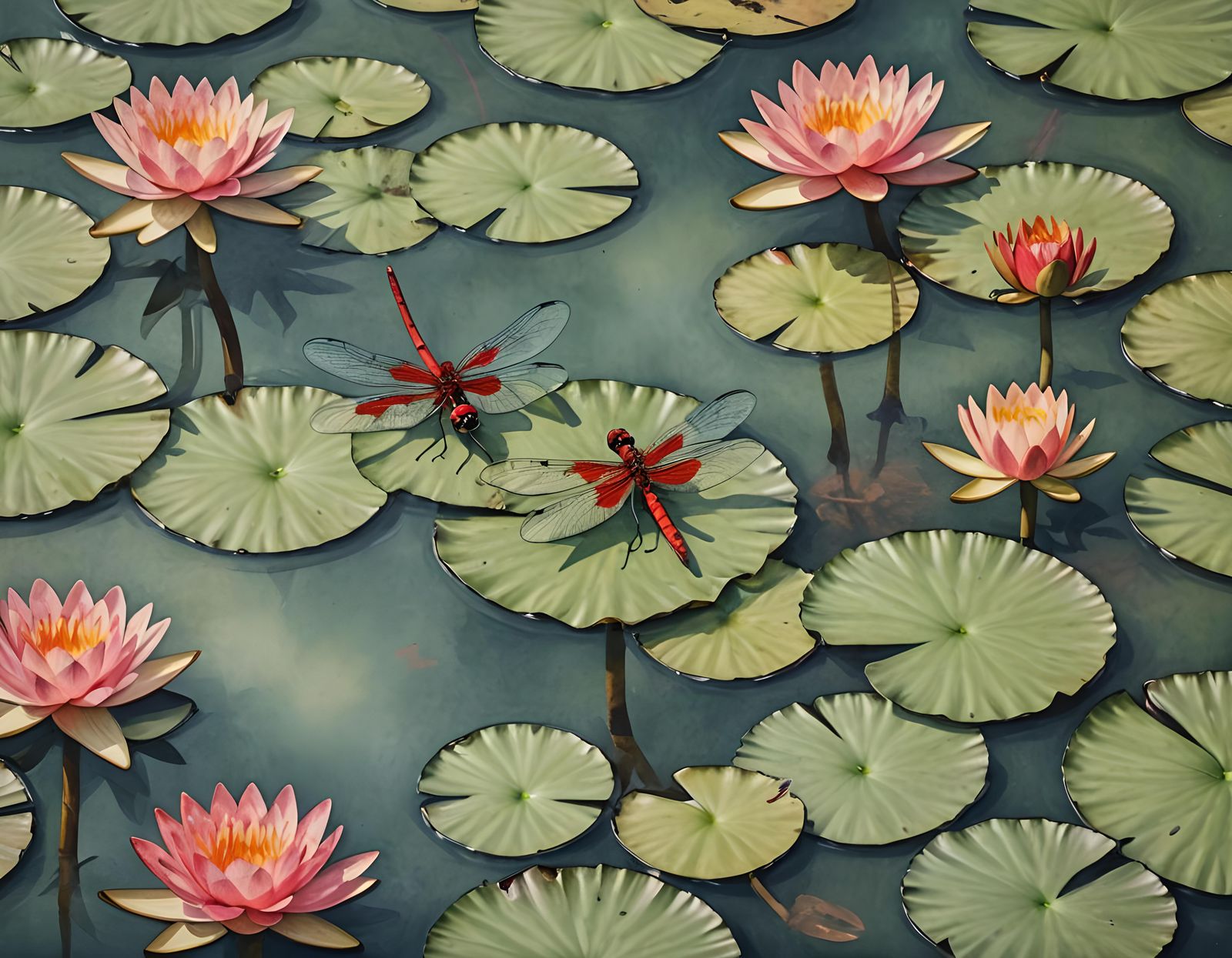 Red dragon fly on a water lily