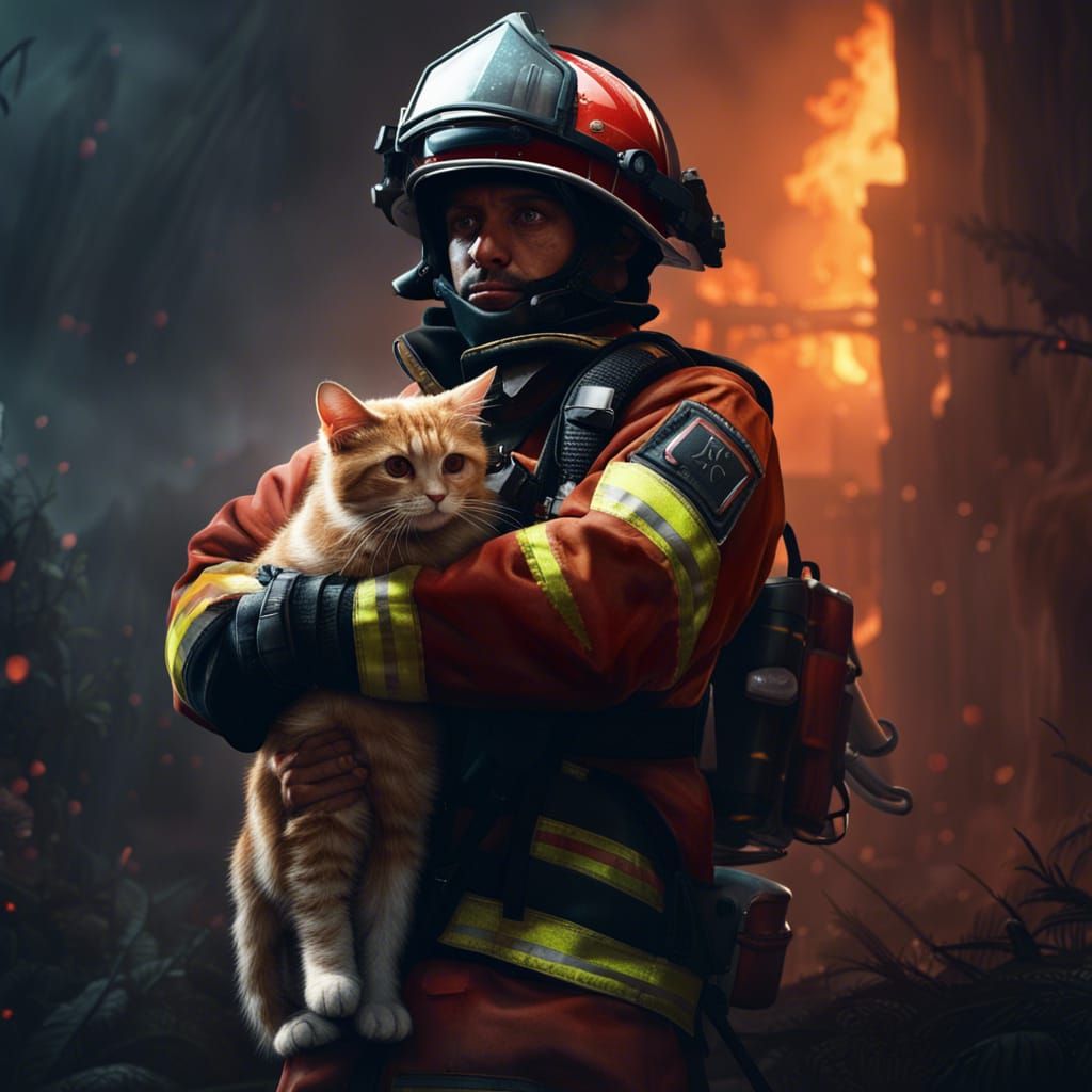 Firefighter holding a rescued cat  by @undefined