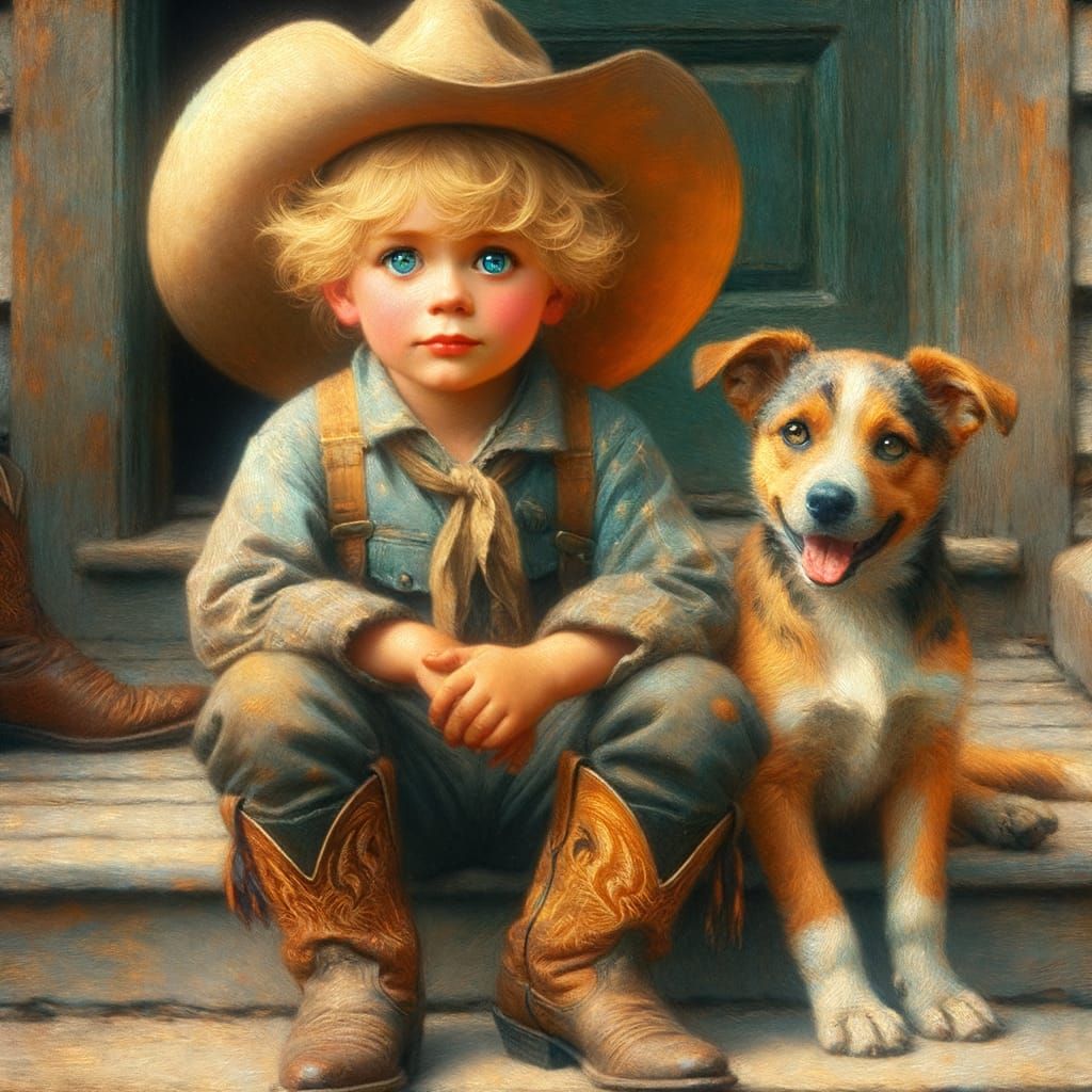 This realistic oil painting, in the style of Renoir, shows a young boy with large luminous eyes and blond ...  by @Nednut4362
