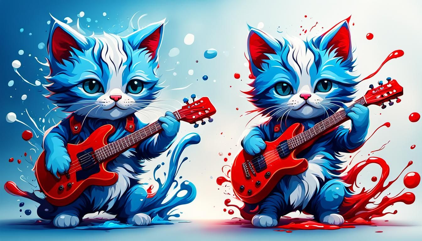 2 cute kittens play guitar. Colors blue – red – white. abstr...