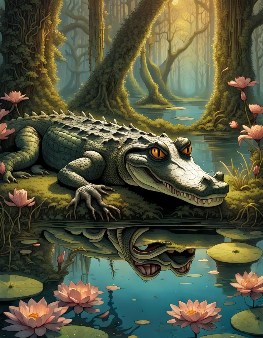Enchanted Swamp Scene with Alligator, Fantasy Art