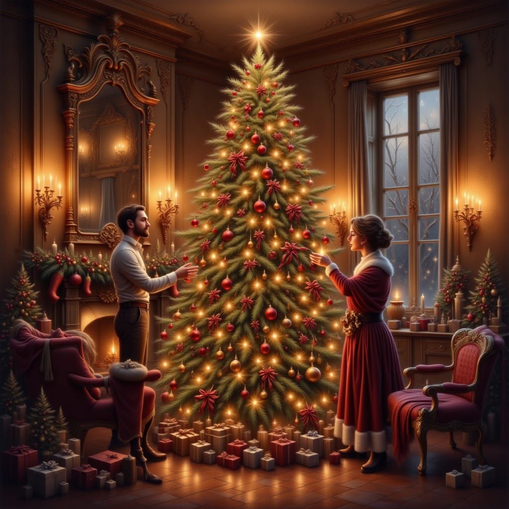 <lora:Christmas Glow 1-02:1.0> Victorian family decorating a grand Christmas tree in a candlelit parlor