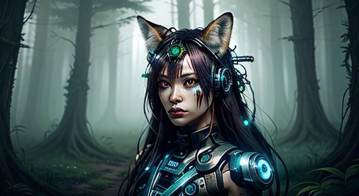 Biopunk Cyborg Forest, Cyborg Fox, Goddess

adorned