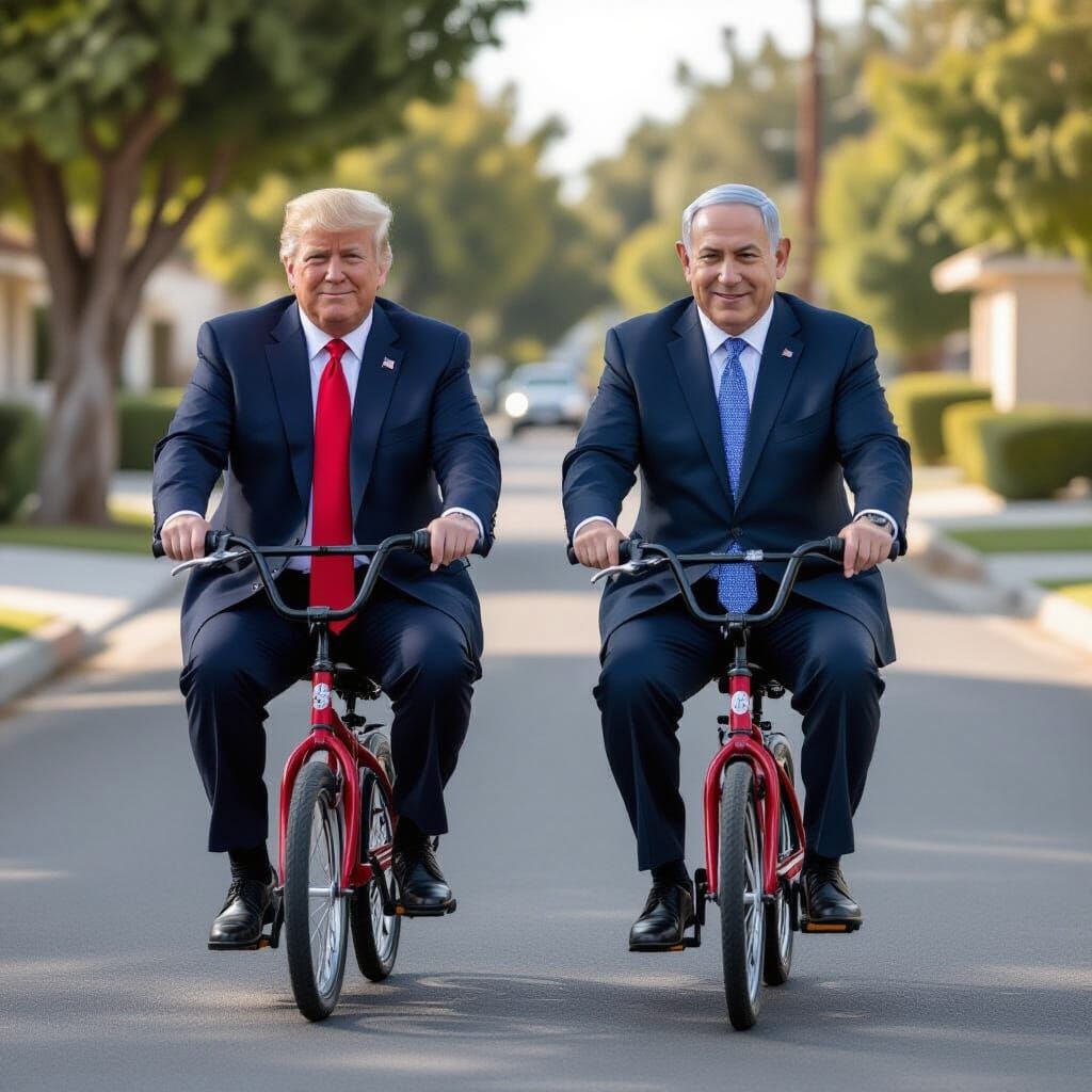 Netanyahu and Trump Ride Children's Bikes Photorealistically