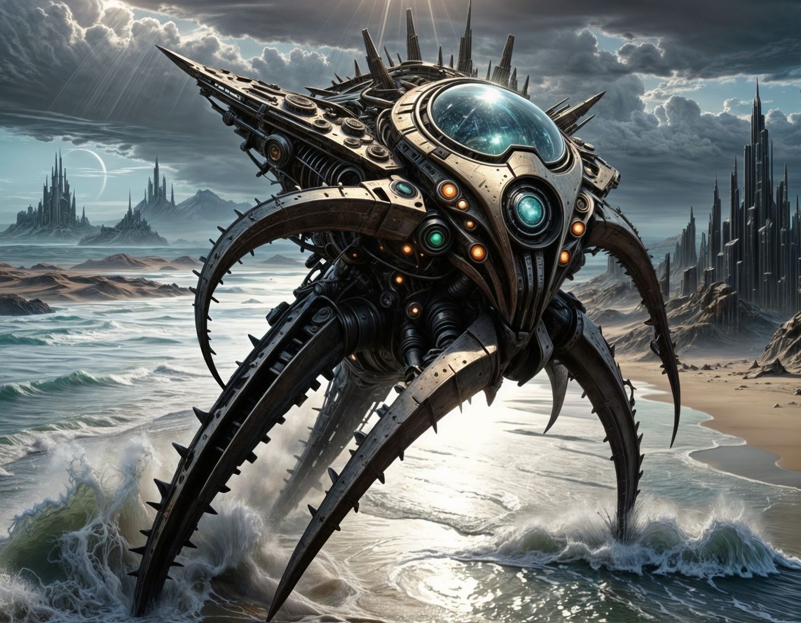 This is a digital artwork of a fantasy machine with multiple...