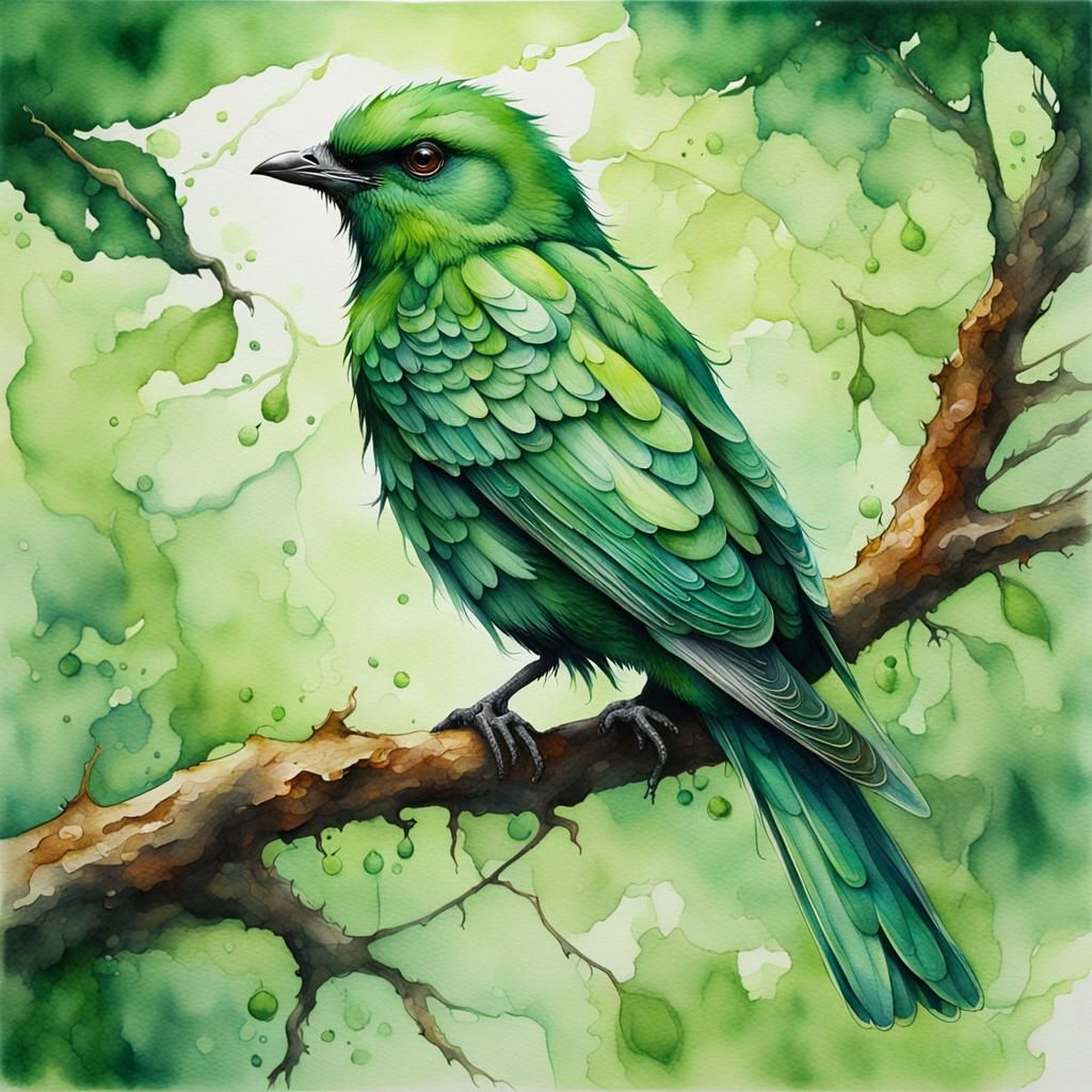 Green bird sitting on the tree  by @Gaby