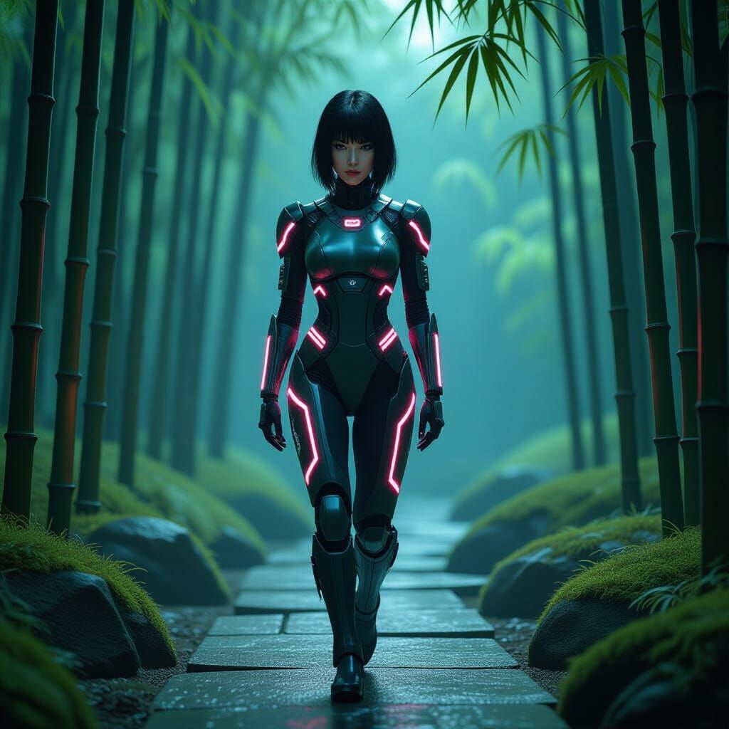 Futuristic Woman in Bamboo Garden, Cyberpunk Style