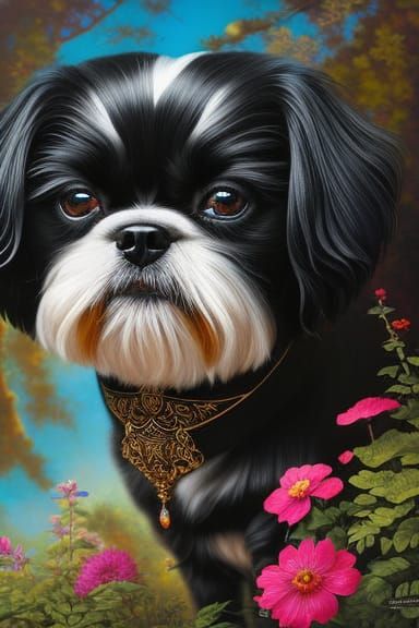 “Black shihtzu”, perfect eyes, matte painting Elegant beauti...
