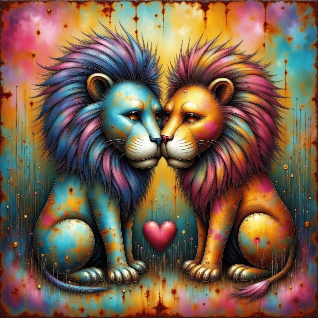 Valentine's day. Two grumpy lions in love. Surrealism. Watercolour. Ink Splash. Gris Grimly. Pozuka Demizu. Tim Burton. Scary. Polka dots. b...