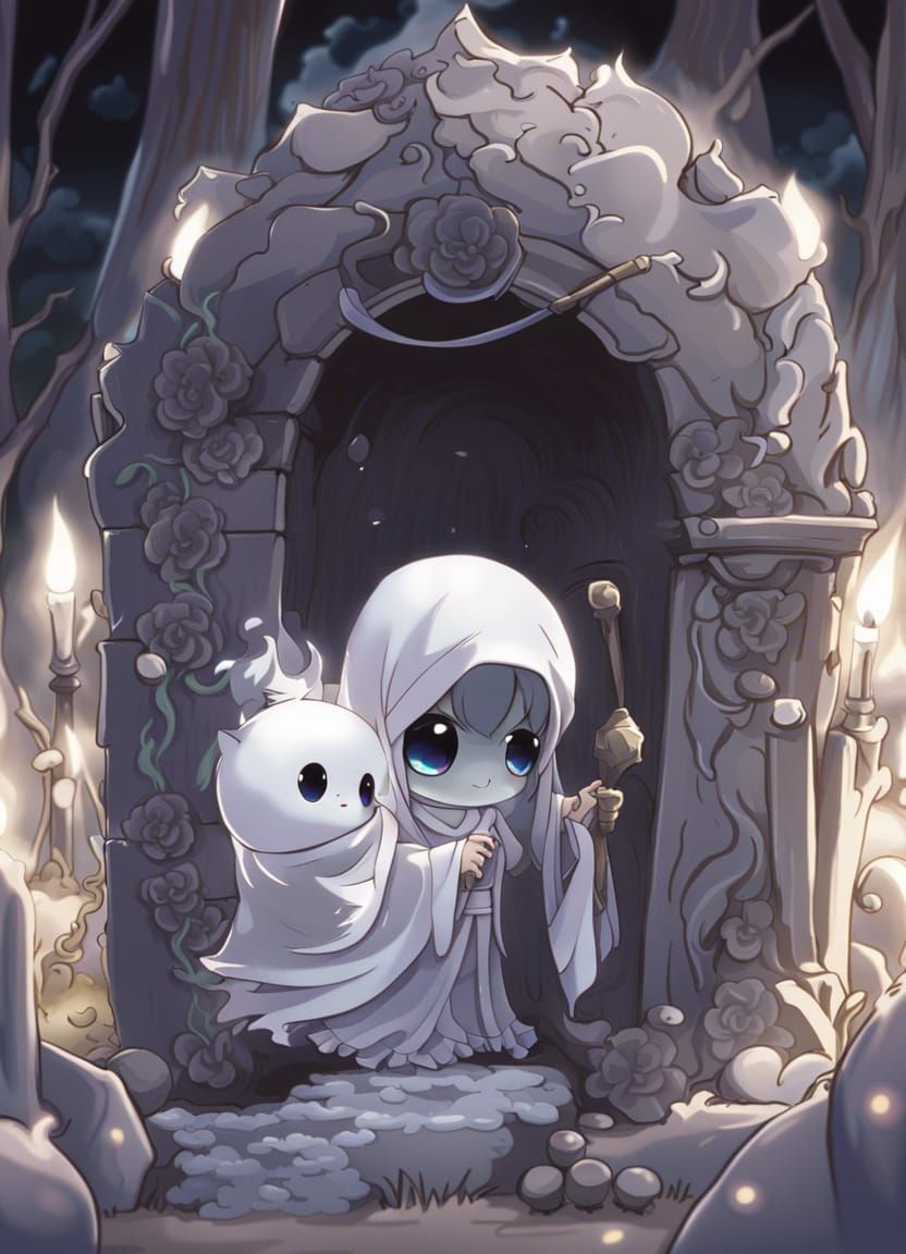 Chibi ghosts by the grave - AI Generated Artwork - NightCafe Creator