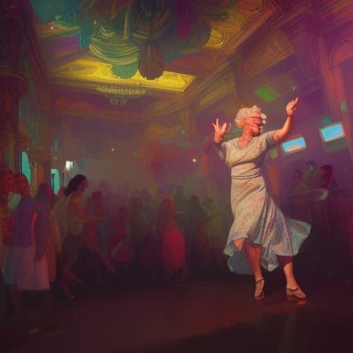 elderly woman dancing in a rave club