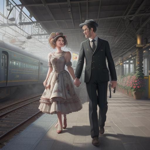 " an engaged couple on a station platform, deep color mornin...