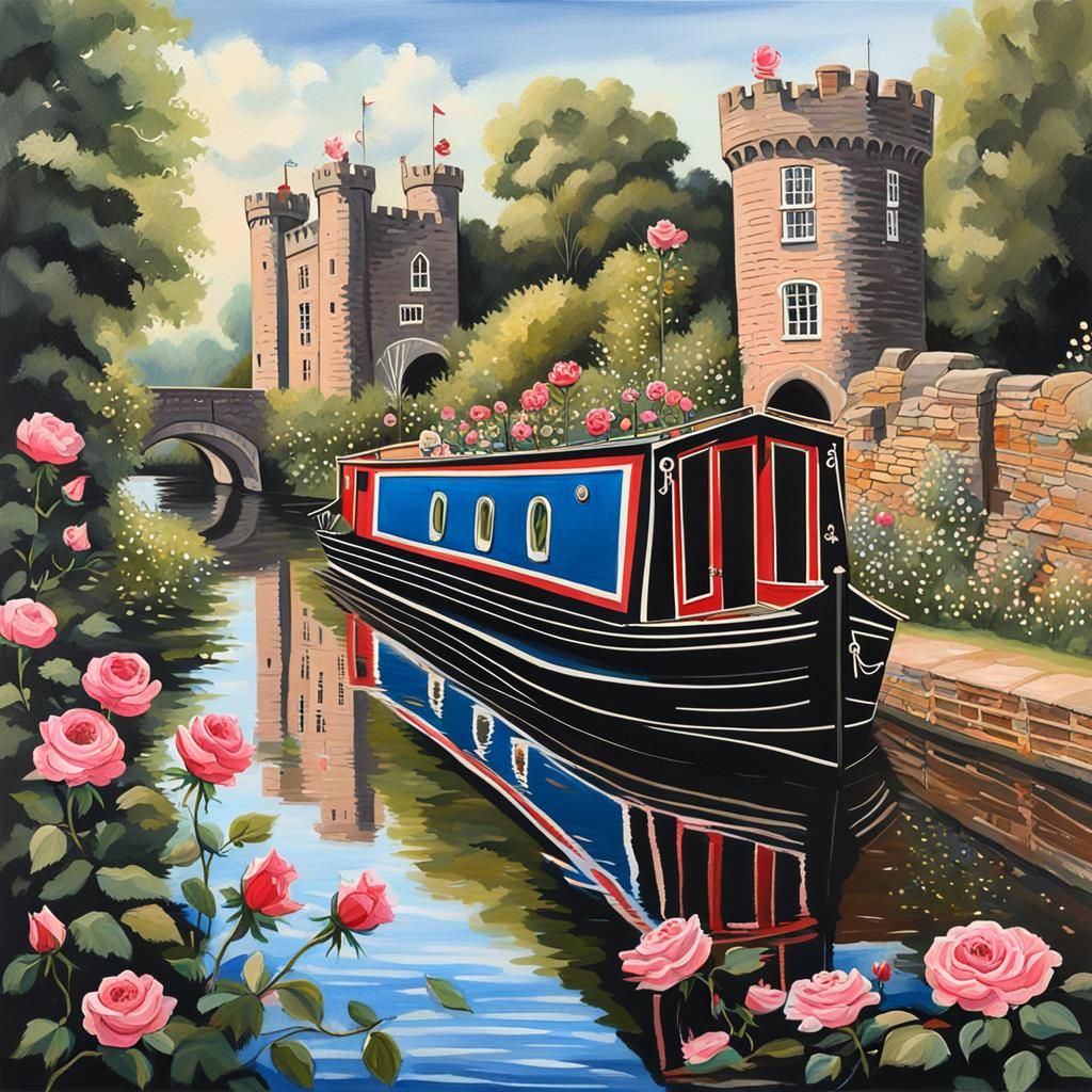 Traditional narrowboat style 'Rose and Castle ' painting AI Generated