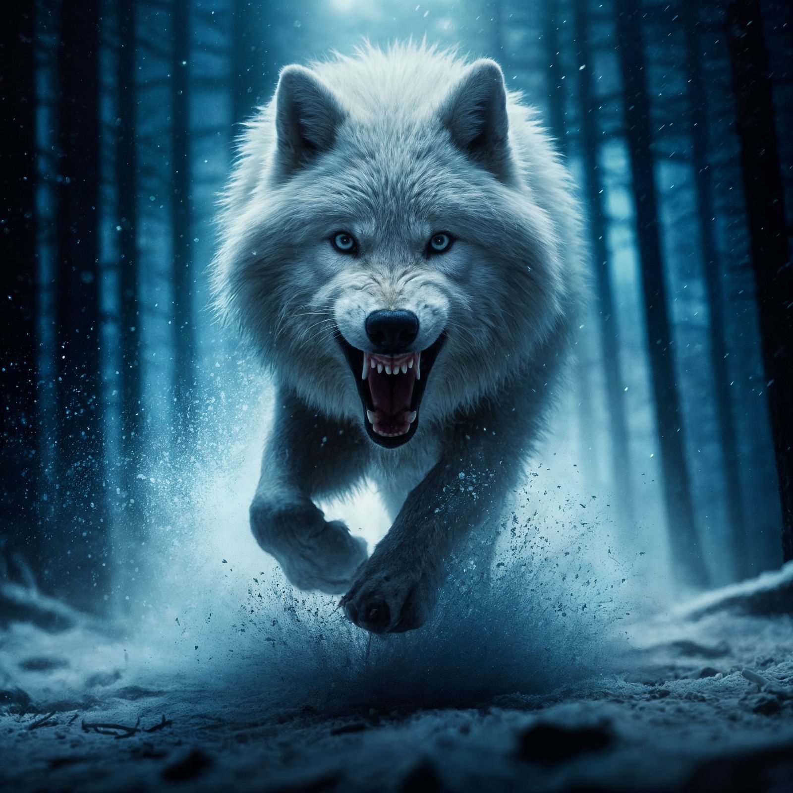 An angry white wolf rushes at the viewer through the night f...