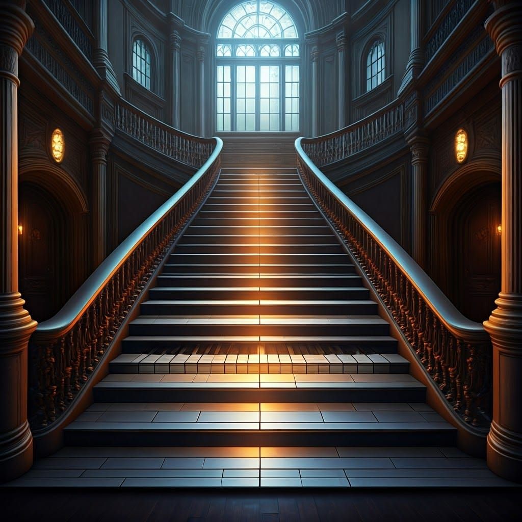 Floating Piano Keys on Grand Staircase in a Futuristic Build...