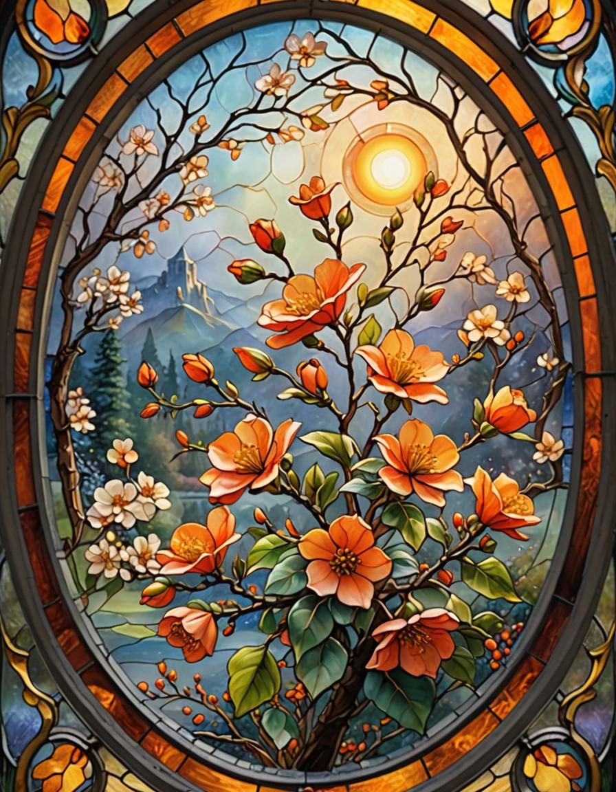 stain glass-oval, small vibrant orange-flowering-quince flow...