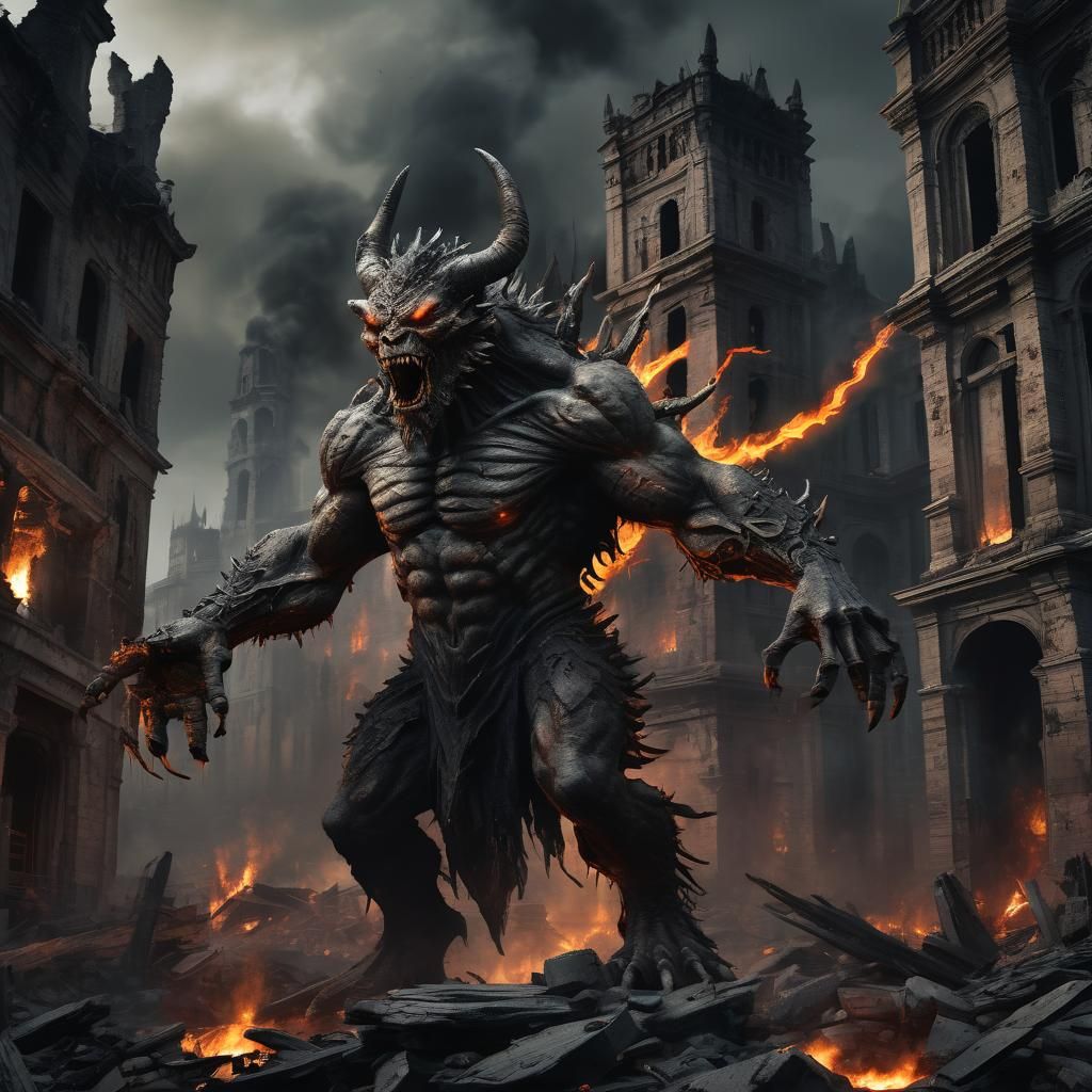 Terrifying Demon Unleashes Fire in City Ruins