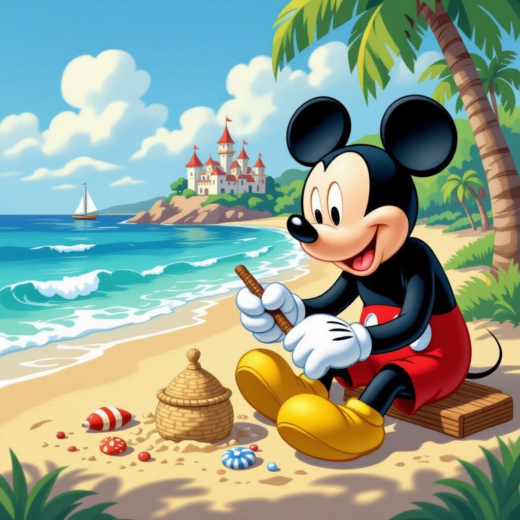 Mickey Mouse Builds Sandcastle on Beach