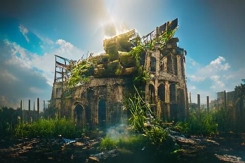 Destroyed overgrown apocalyptic ruins burned building 8k resolution Behance HD volumetric lighting sunshine rays trendin...