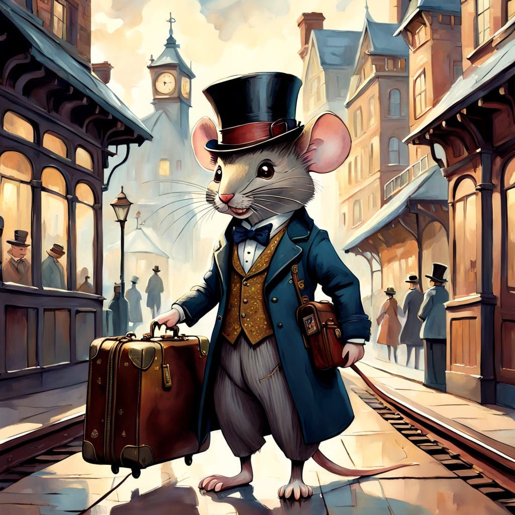 Anthropomorphic Mouse at Train Station in Whimsical Watercol...