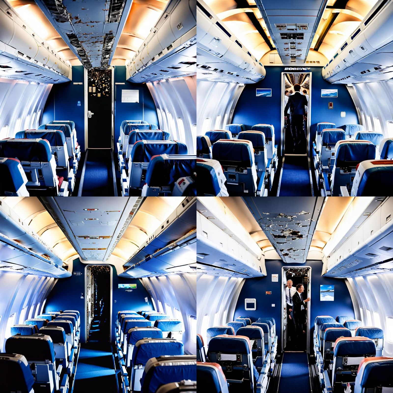 A photorealistic image of the chaotic interior of a Boeing 7...