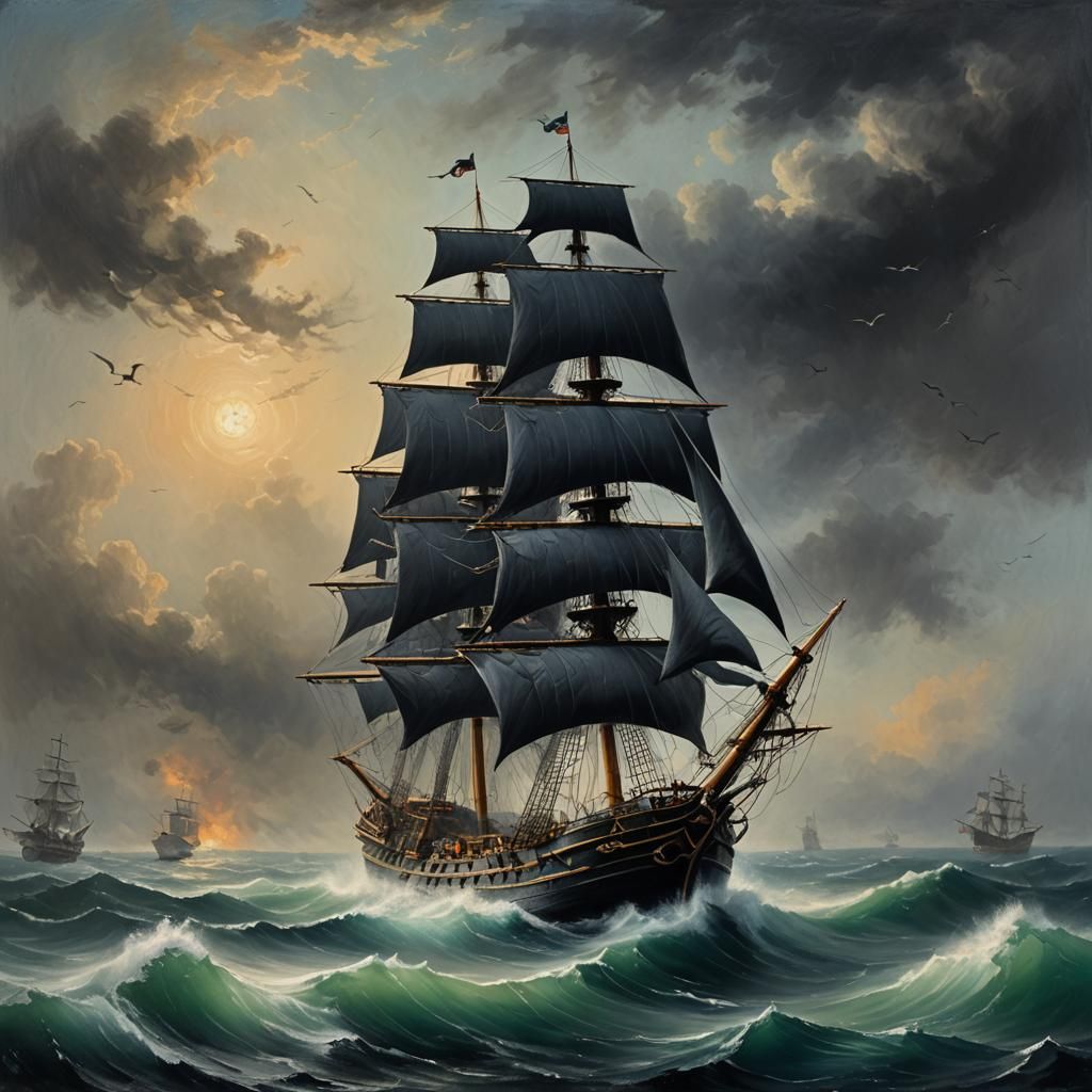 Sailing ship with black sails with Jolly Roger in a very rou...