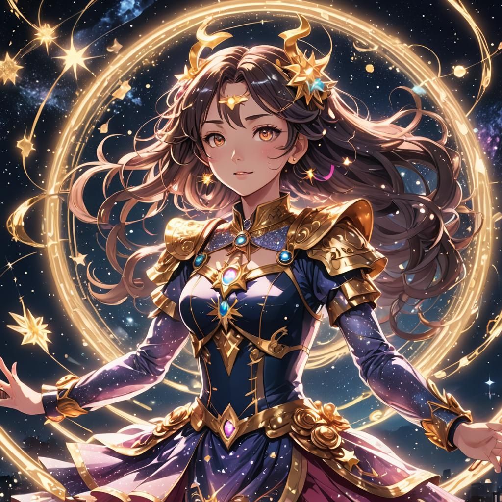 a vibrant scene of a magical girl mid-transformation. She is...